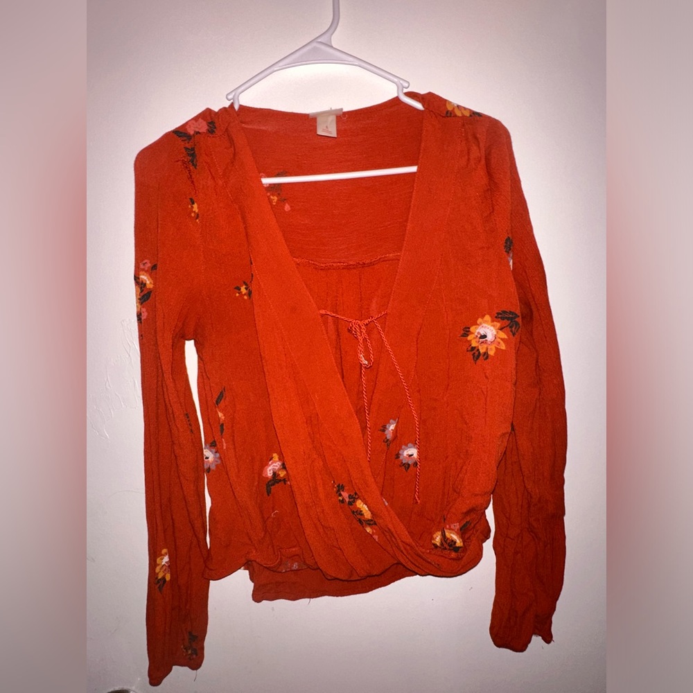 CUTE ORANGE FLOWER PRINT DRESS SHIRT, size S